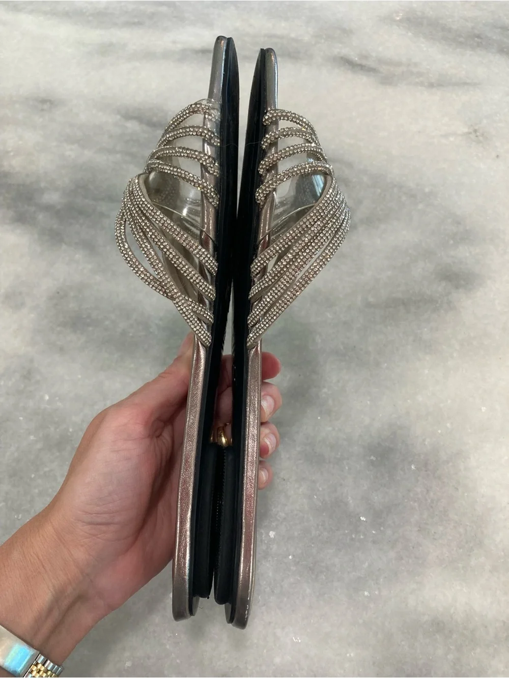 ZARA Silver Rhinestone Crystal Open Toe Flat Slide Sandals - Picture 7 of 14